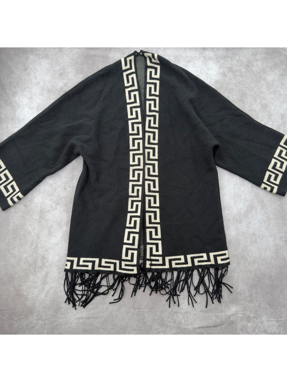 Wool Blend Viscose Greek Key Fringe Cardigan Poncho One Size